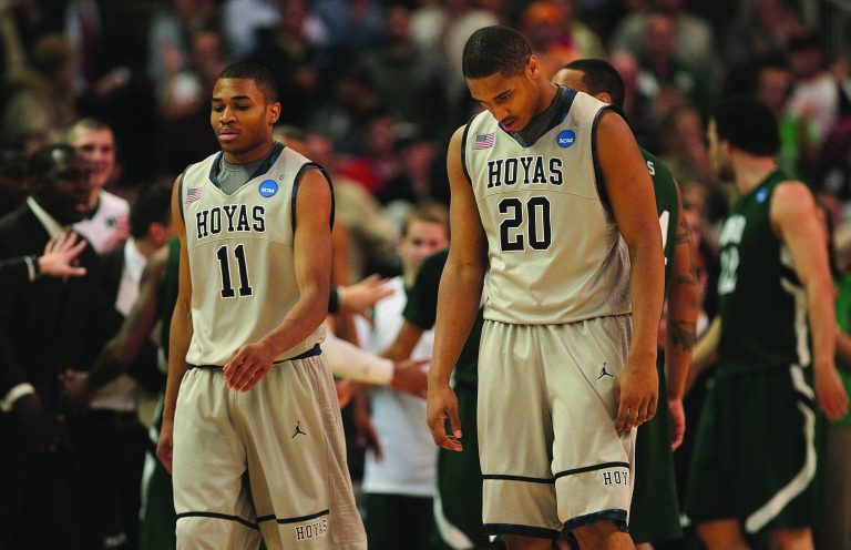 Jim Rogash/Getty Images
Jerrelle Benimon, right, averaged 1.4 points and 1.9 rebounds in 61 games at Georgetown before transferring to Towson, where he is the Tigers' leading scorer.