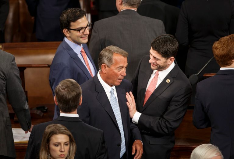 House Ways and Means Committee Chairman Rep. Paul Ryan, R-Wis., greets House Speaker John Boehner of Ohio, on Capitol Hill in Washington, Tuesday, Jan. 6, 2015, as the House of Representatives gathered for the opening session of the 114th Congress. (AP Photo/J. Scott Applewhite)