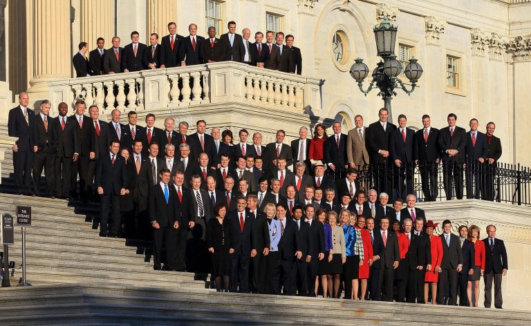 The newly-elected members of 112th Congress pose on the steps of the U.S. Capitol on November 19, 2010. (Getty images/Mark Wilson)