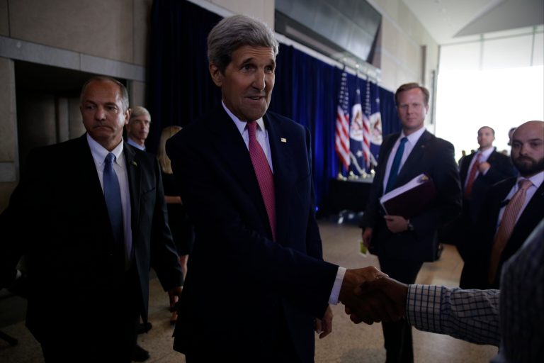 Secretary of State John Kerry meets the crowd after giving a speech in support of the Iran nuclear deal at the National Constitution Center, Wednesday, Sept. 2, 2015, in Philadelphia. (AP Photo/Matt Slocum)