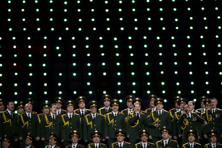 The Russian Interior Ministry choir perform prior to the opening ceremony of the 2014 Winter Olympics in Sochi, Russia, Friday, Feb. 7, 2014. (AP Photo/Mark Humphrey)