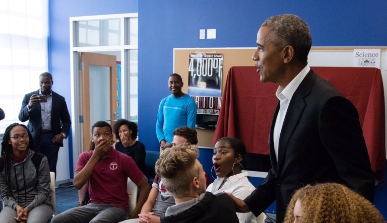 Students smiled and looked shocked at Obama's presence in a photo posted on Twitter. (Eric Shultz Twitter)