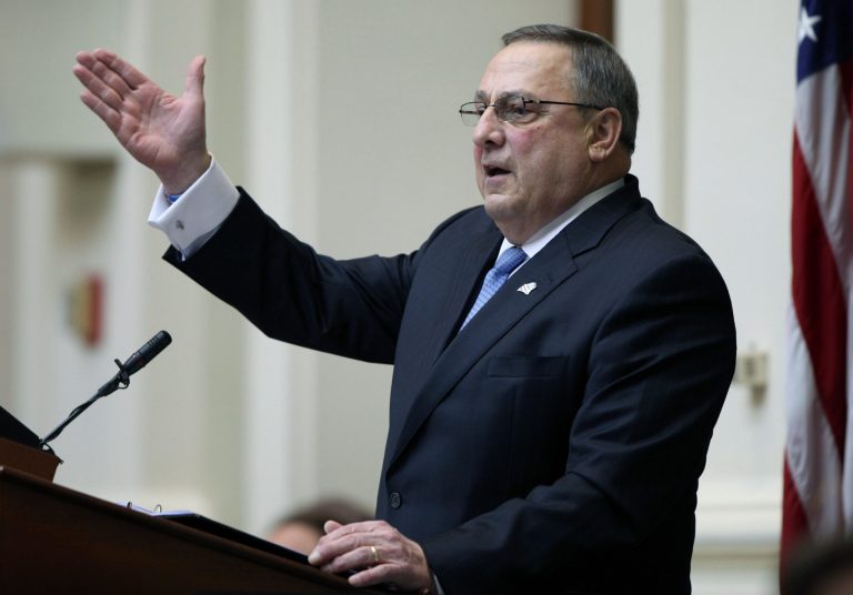 Maine Gov. Paul LePage gestures as he delivers his State of the State address to the Democratic-controlled Legislature on Feb. 4 at the Statehouse in Augusta, Maine. (AP Photo/Joel Page)