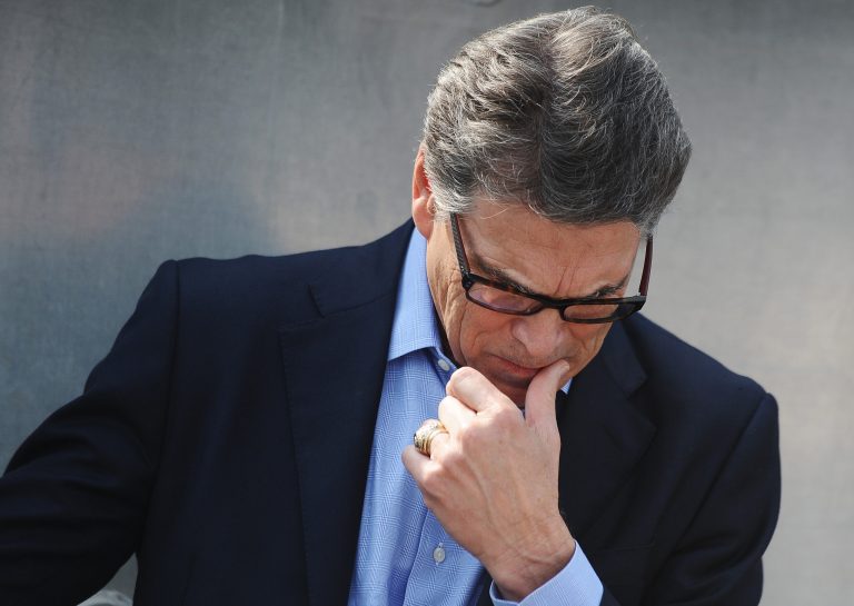 Republican presidential candidate, former Texas Gov. Rick Perry, waits to speak during a campaign stop at the South Carolina Military Museum, Monday, June 8, 2015, in Columbia, S.C. (AP Photo/Rainier Ehrhardt)