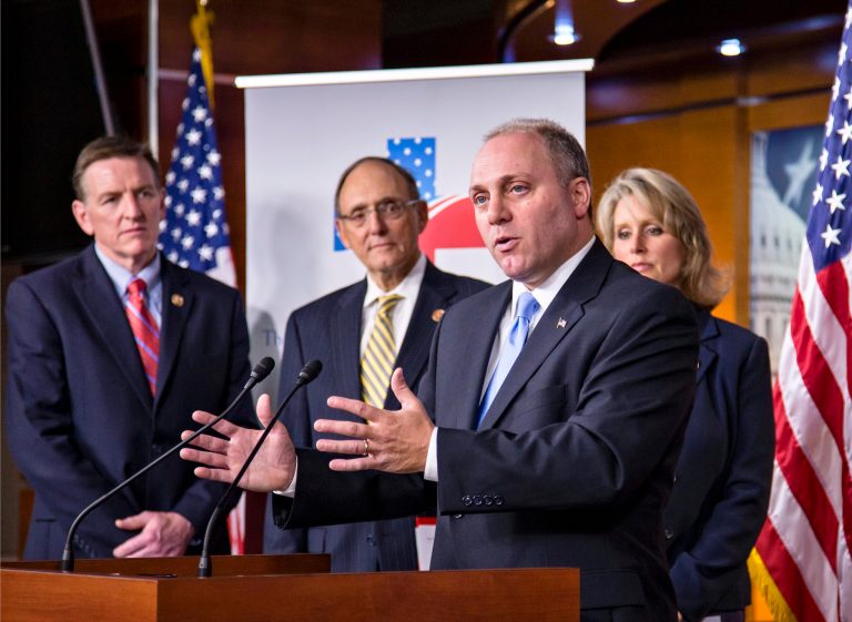 Republican Study Committee Chairman Rep. Steve Scalise, R-La., center, speaks at a news conference to introduce the American Health Care Reform Act, the group's legislation to replace the Affordable Care Act, popularly known as Obamacare, on Sept. 18. From left are Rep. Paul Gosar, R-Ariz., Rep. Phil Roe, R-Tenn., Rep. Steve Scalise, R-La., and Rep. Renee Ellmers, R-NC. (AP Photo/J. Scott Applewhite)