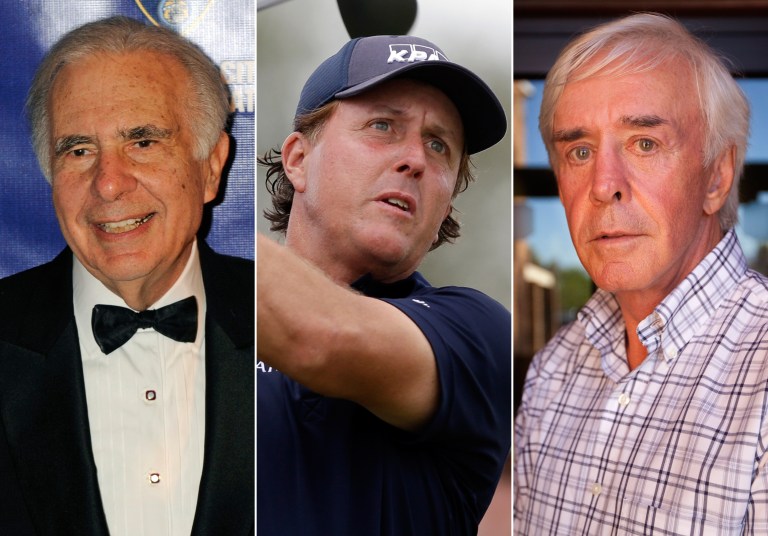 This combo made from file photos shows, from left, financier Carl Icahn, pro golfer Phil Mickelson, and developer and high-profile sports better Billy Walters. A federal official briefed on the investigation told The Associated Press that the FBI and Securities and Exchange Commission are looking at stock trades that Mickelson and Walters made involving Clorox when Icahn was attempting to take over the company.  There have been no charges filed against the three men and the investigation could lead to nothing. (AP Photo/Henny Ray Abrams/Wilfredo Lee/Las Vegas Review-Journal, Jessica Ebelhar)