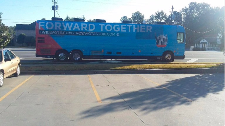 A DNC tour bus toting ads for Hillary Clinton and Tim Kaine illegally dumped human waste in Georgia. (Photo courtesy of Rebekka Schramm of CBS46News)