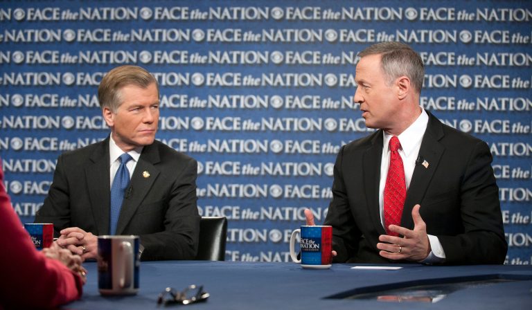 In this Sunday, Feb. 24, 2013, photo, provided by CBS News, Republican Gov. Bob McDonnell of Virginia, left, and Democratic Gov. Martin O'Malley of Maryland speak on CBS's 