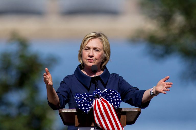 Democratic presidential candidate Hillary Clinton speaks to supporters in Hampton, Ill. (Louis Brems/Quad City Times via AP)