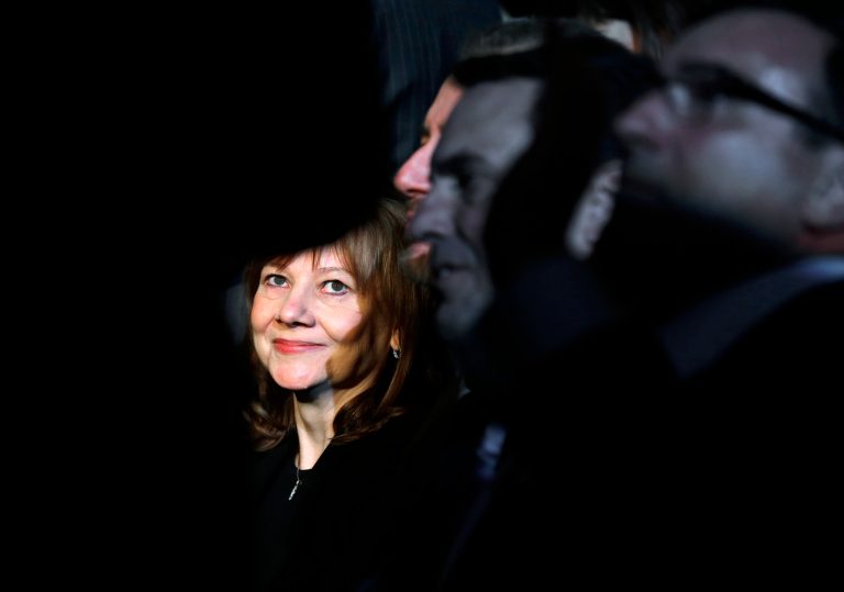FILE - In this Monday, Jan. 13, 2014, file photo incoming General Motors CEO Mary Barra watches the North American Truck of the Year and Car of the Year awards at the North American International Auto Show in Detroit. General Motors reports quarterly earnings on Thursday, Feb. 6,  2014 (AP Photo/Paul Sancya)