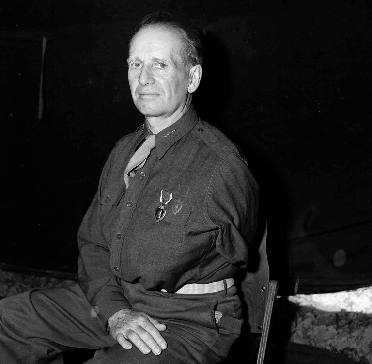 FILE - In this July 27, 1944, file photo, Lt. Gen. Lesley J. McNair poses for a photo in Tunisia, after he was wounded by shrapnel during a visit to the war front. He wears the Purple Heart awarded him at the time. The deaths of five Americans killed in a U.S. airstrike in Afghanistan stand as a fresh reminder of the dangers of friendly fire, an element of war that is older than the nation. In World War II, McNair died when an errant Allied bomb struck his position as the Allies struggled to break out from Normandy. (AP Photo)