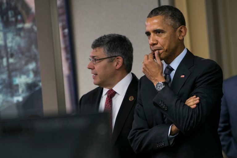 President Obama visits the National Operations Center at the Department of Homeland Security after speaking about the administration's fiscal year 2016 budget request Feb. 2, 2015 in Washington. (Photo by Kristoffer Tripplaar-Pool/Getty images)