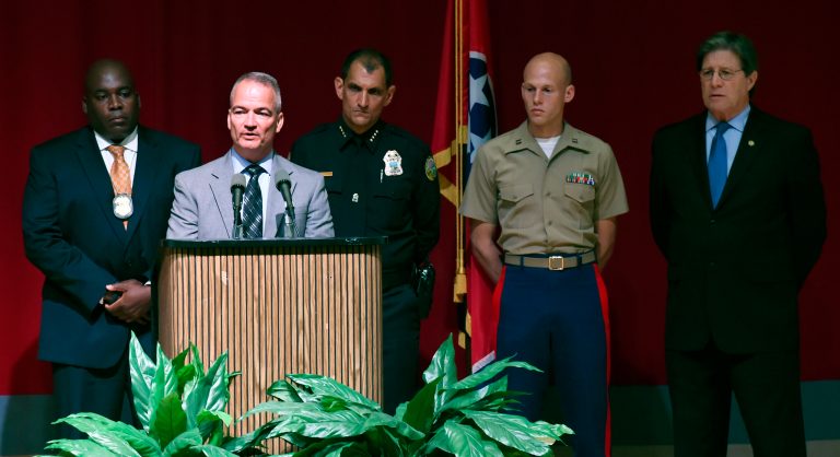 FBI Special Agent in Charge, Ed Reinhold, second from left, speaks with members of the media during a press conference discussing Thursday's shooting rampage at two military facilities that killed four Marines, at the Tennessee Valley Authority facility on Friday, July 17, 2015, in Chattanooga, Tenn. (AP Photo/Mark Zaleski)