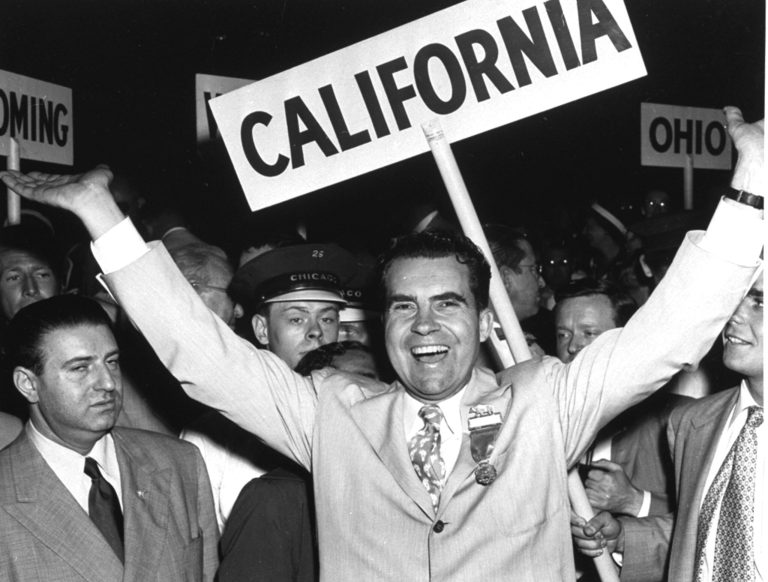 Sen. Richard Nixon arrives at the Republican National Convention in Convention Hall, Chicago, Ill., July 11, 1952, to be selected as the GOP vice presidential candidate. (AP Photo)