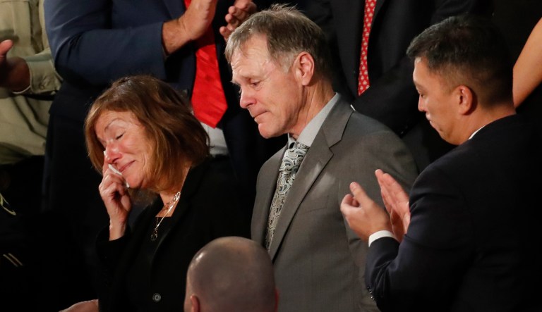 The teary-eyed parents of Otto Warmbier, the American student who died days after being freed from imprisonment in North Korea, react to a standing ovation during State of the Union address. Wambier's father, Fred, will be in Pyeongchang, South Korea, on Friday for the opening ceremonies with Vice President Mike Pence. (AP Photo/Pablo Martinez Monsivais)
