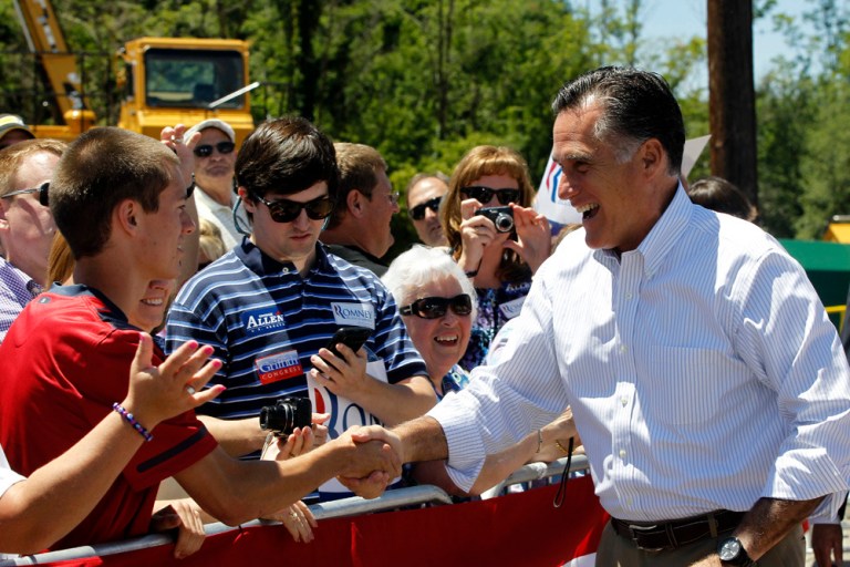 Republican presidential candidate Mitt Romney campaigns at Carter Machinery Company, Inc., in Salem, Va., on Tuesday. (AP Photo/Charles Dharapak)