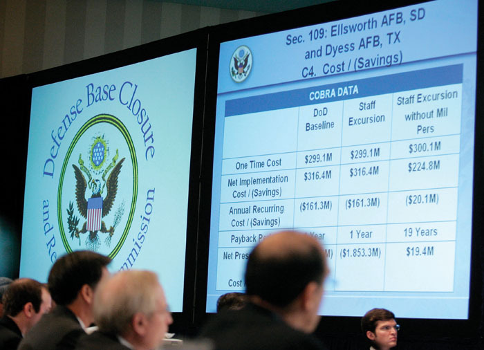 Cost figures related to closing Ellsworth Air Force Base in South Dakota are shown before the Base Closure and Realignment Commission voted to save the base. (Mark Wilson/Getty Images)