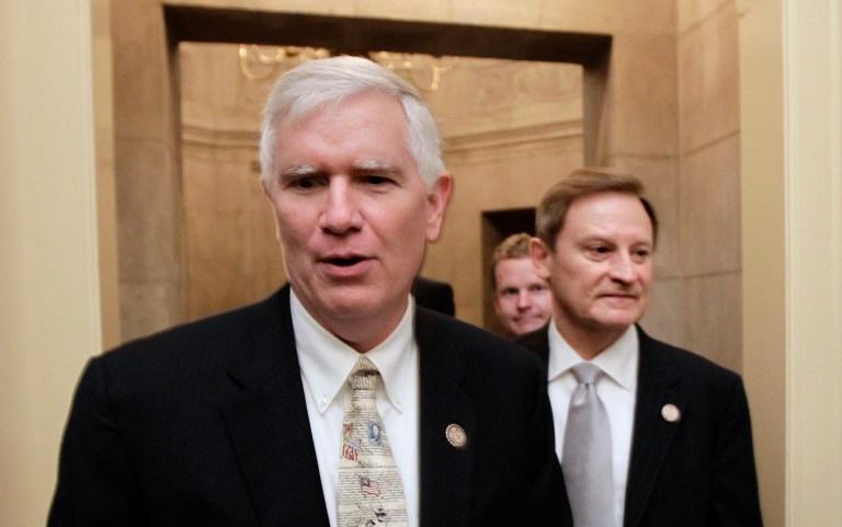 This July 28, 2011 file photo shows Rep. Mo Brooks, R-Ala., left, on Capitol Hill in Washington. (AP Photo/J. Scott Applewhite, File)