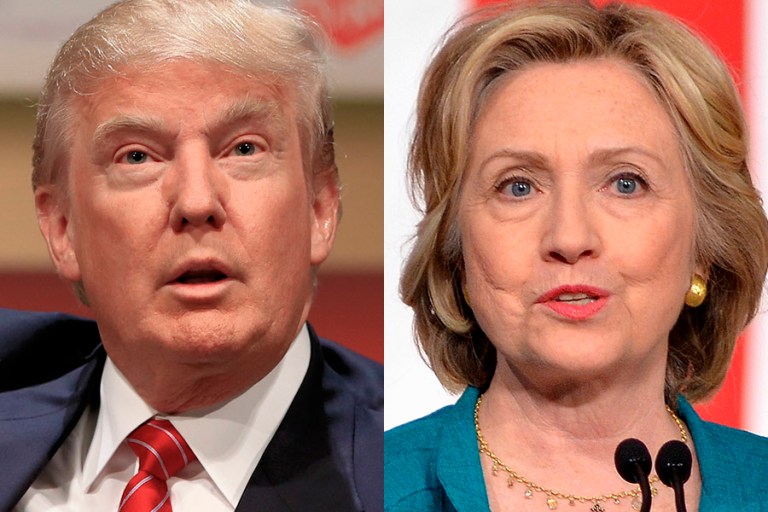 Trump leads the former secretary of state by a slim 2-point margin, taking 44 percent to Clinton's 42 percent. (AP Photo/Nati Harnik)