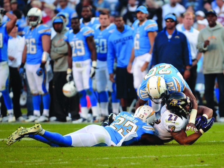 Harry How/Getty Images
With the Ravens facing a fourth-and-29 late in the fourth quarter, Ray Rice weaved for 29 on a catch-and-run to set up a tying field goal against the Chargers.