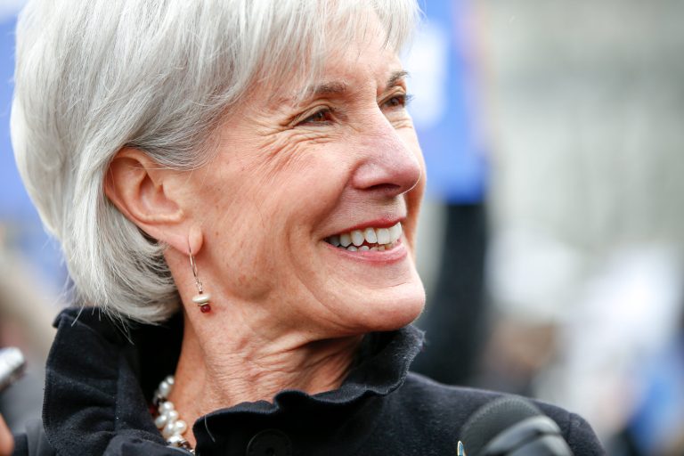 Former Health and Human Services Secretary Kathleen Sebelius speaks with reporters outside the Supreme Court in Washington, Wednesday, March 4, 2015. (AP Photo)Â 