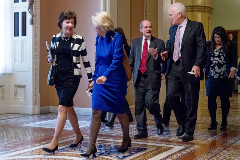 The Republican congressional agenda has received little coverage as attention to the Trump administration's troubles and investigations into its possible ties to Russia intensifies. From left, Sen. Susan Collins, R-Maine, Sen. Shelley Moore Capito, R-W.Va., Sen. James Risch, R-Idaho, and Senate Majority Whip John Cornyn of Texas, arrive for a Senate Republican conference leadership election meeting on Capitol Hill. (AP Photo/Andrew Harnik)