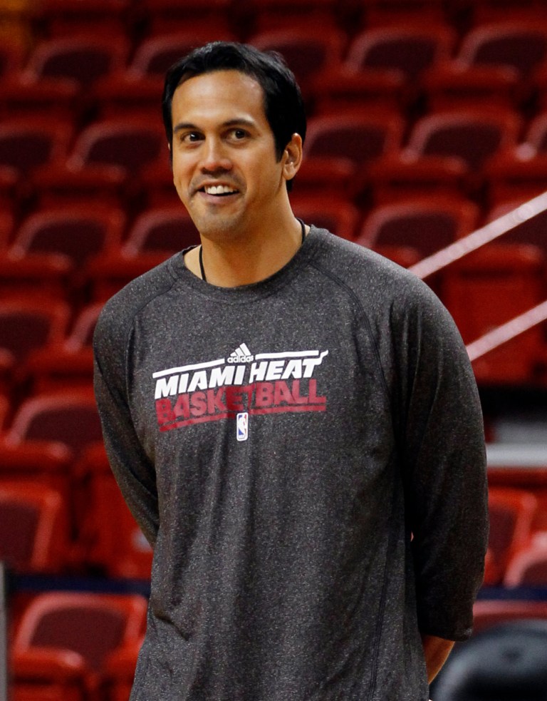   Miami Heat head coach Erik Spoelstra watches the team practice Saturday, June 16, 2012, in Miami. The Heat play the Oklahoma City Thunder in Game 3 of the NBA basketball finals on Sunday. (AP Photo/Alan Diaz)  