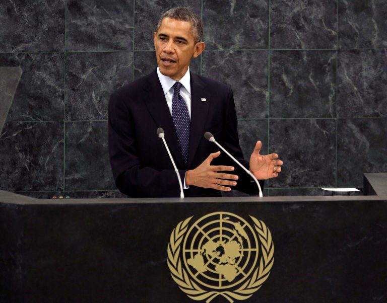 FILE - In this Sept. 24, 2013 file photo, President Barack Obama addresses the 68th session of the United Nations General Assembly. The United Nations Security Council is expected to adopt a binding resolution this week that would require nations to bar their citizens from traveling abroad to join terrorism organizations, part of a U.S.-led effort to galvanize the international community against what Obama administration officials call an 