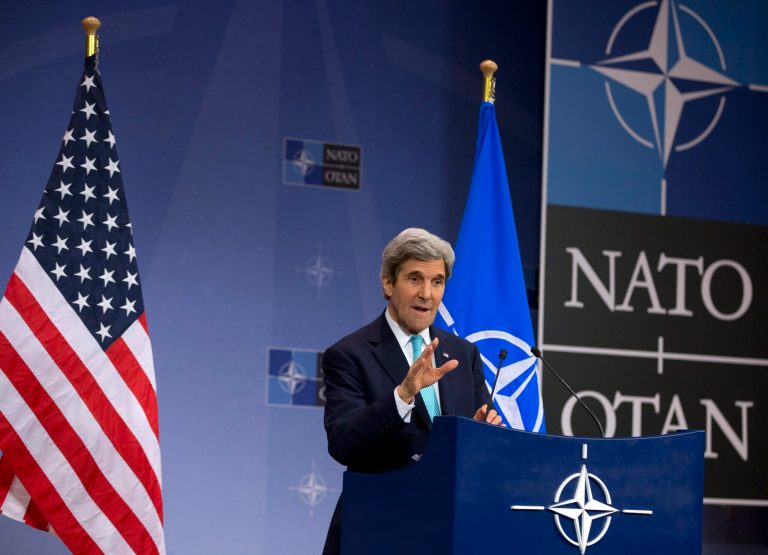 U.S. Secretary of State John Kerry speaks during a media conference after a meeting of the NATO-Ukraine Commission at NATO headquarters in Brussels on Tuesday, April 1, 2014. NATO foreign ministers begin a two-day meeting on Tuesday in which they will discuss, among other issues, the situation in Ukraine. (AP Photo/Virginia Mayo)