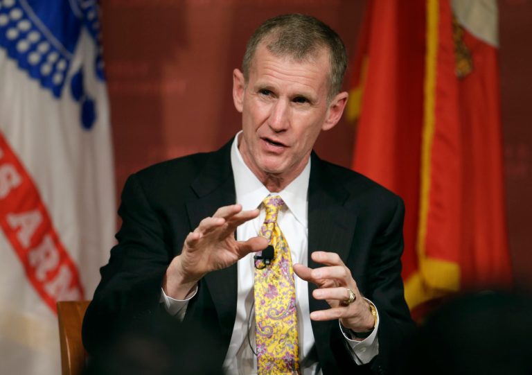 Retired U.S. Army Gen. Stanley McChrystal speaks during a forum called "Ask What You Can Do For America's Veterans" at the John F. Kennedy School of Government at Harvard University, in Cambridge, Mass., Monday, March 11, 2013. (AP Photo/Steven Senne)