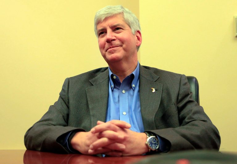 Michigan Gov. Rick Snyder is pledging to commit up to $350 million in state funds to help Detroit as the bankrupt city tries to shore up pension funds that are billions in debt and prevent valuable city-owned art from being sold. (AP/Detroit Free Press, Ryan Garza )
