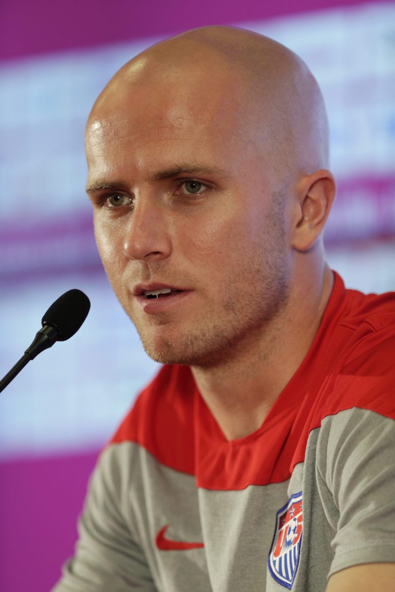 United States' Michael Bradley talks to reporters before a training session in Sao Paulo, Brazil, Saturday, June 28, 2014. The United States will play Belgium on Tuesday in the round of 16 of the soccer World Cup. (AP Photo/Julio Cortez)