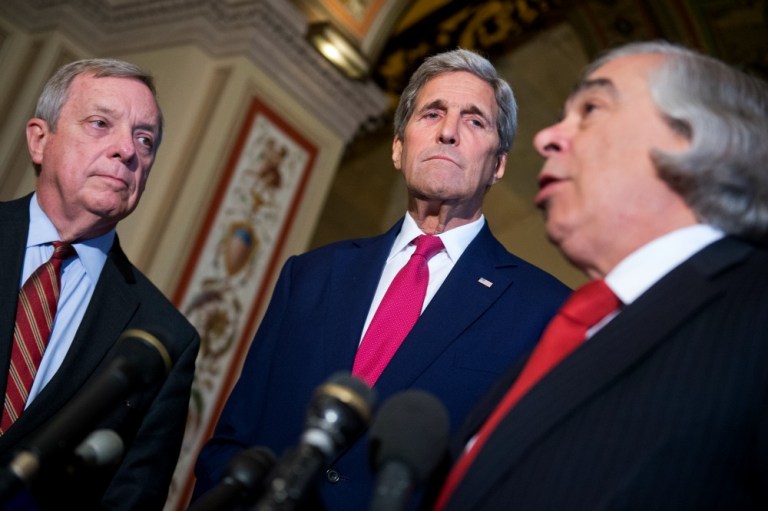 From left, Senate Minority Whip Richard Durbin, D-Ill., Secretary of State John Kerry and Energy Secretary Ernest Moniz, conduct a news conference in the Capitol after a briefing with senators on the Iran nuclear deal on Sept. 9. (CQ Roll Call via AP Images)