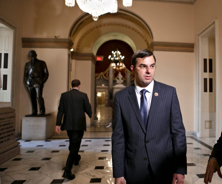 Rep. Justin Amash, R-Mich., speaks with reporters at the Capitol, Wednesday, July 24, 2013. (AP Photo/J. Scott Applewhite)