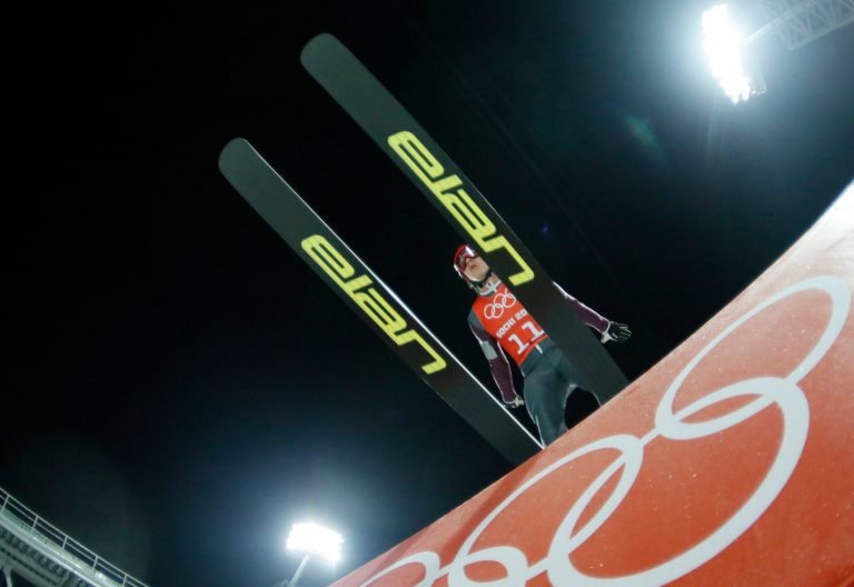 Canada's Trevor  Morrice makes attempt in the men's normal hill official ski jumping training at the 2014 Winter Olympics, Thursday, Feb. 6, 2014, in Krasnaya Polyana, Russia. (AP Photo/Gregorio Borgia)