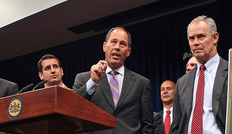 Pennysylvania's Senate President Pro Tempore Joe Scarnati, center, and Speaker of the House Mike Turzai, right, submitted an emergency request to nation's highest court requesting a block on implementing the new lines drawn by the state court. (AP Photo/Chris Knight, File)