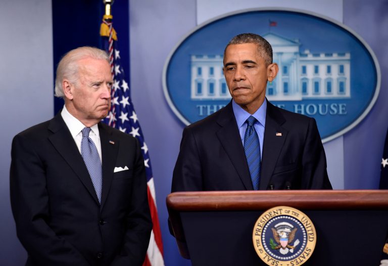 President Obama, accompanied by Vice President Biden, pauses while speaking in the Brady Press Briefing Room of the White House in Washington, Thursday, June 18, 2015, on the church shooting in Charleston, S.C., prior to his departure to Los Angeles. (AP Photo/Susan Walsh)