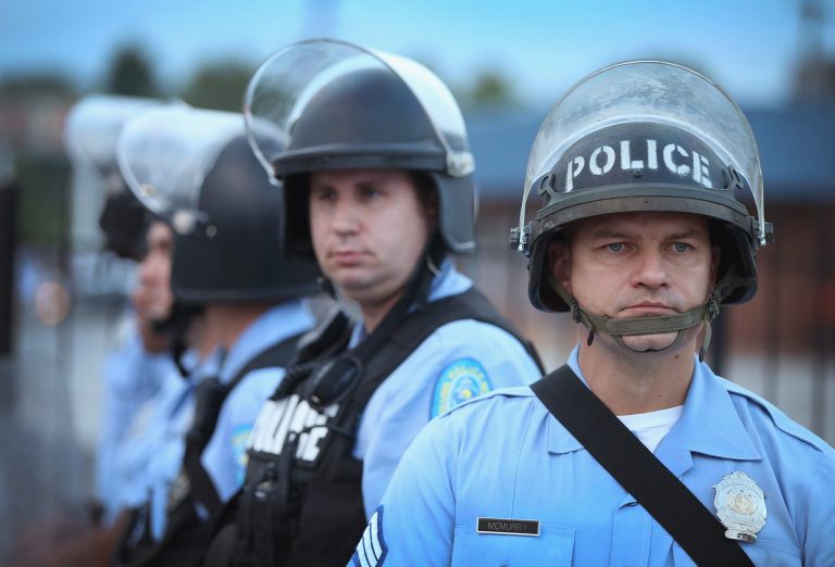 Police were deployed to keep the peace along Florissant Avenue on August 16, 2014 in Ferguson, Missouri. (Getty Images)