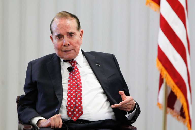 Former Sen. Bob Dole, R-Kan., speaks at Leonard L. Clary Community Center in Troy, Kan., on April 22. (AP/St. Joseph News-Press, Sait Serkan Gurbuz)