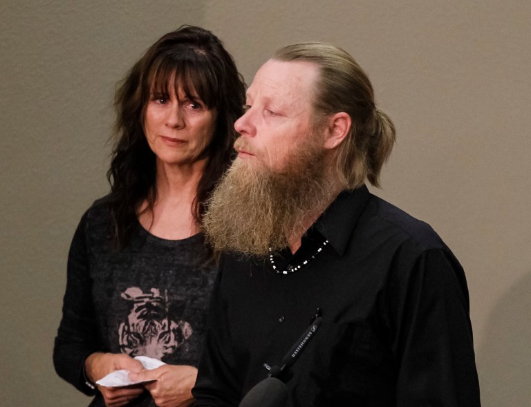 Jani and Bob Bergdahl speak to the media during a press conference at Gowen Field in Boise, Idaho, on Sunday, June 1, 2014. (AP Photo/Otto Kitsinger)