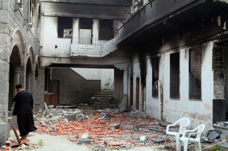 This photograph made on a military-led media tour shows damage inside the Um al-Zinar church in the old city of Homs, Syria, on Friday, May 9, 2014. (AP Photo)Â 