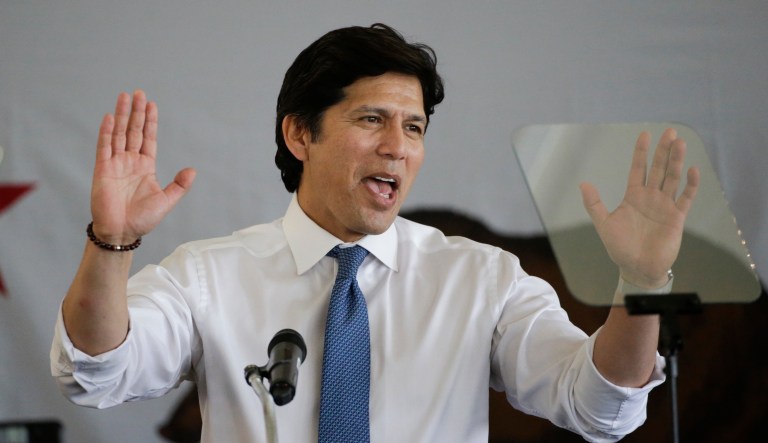 California state Sen. Kevin de Leon is challenging incumbent Sen. Dianne Feinstein for her seat in Congress in Washington. (AP Photo/Jae C. Hong)