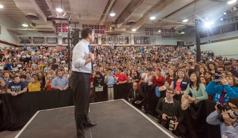 Since the Thursday debate in which Rubio took Trump down a notch through mockery and Trumpesque interruptions, Rubio has included his trash-talk stand-up routine. (Don Petersen/Roanoke Times via AP)