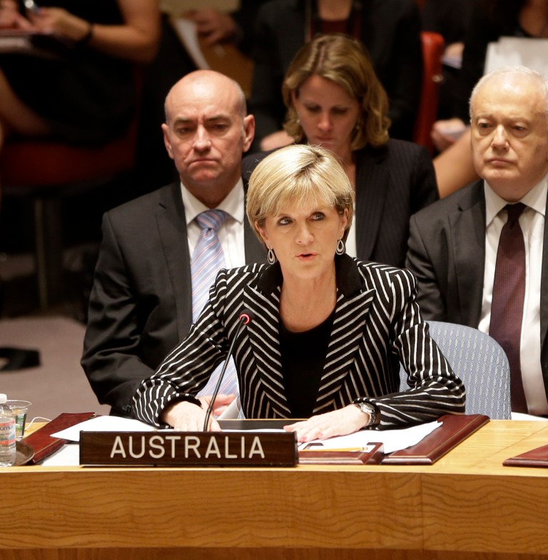Julie Bishop, Australian Minister for Foreign Affairs, speaks during a security council meeting at United Nations headquarters, Monday, July 21, 2014. The council unanimously adopted a resolution demanding full access to the crash site of Malaysia Airlines flight MH17. (AP Photo/Seth Wenig)