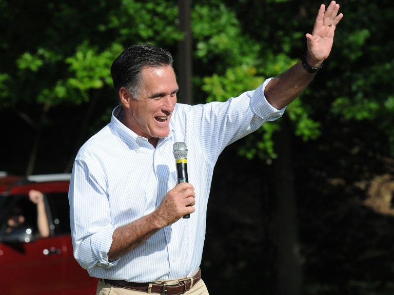   Republican presidential candidate Mitt Romney waves to the crowd in Cornwall, Pa. on Saturday, June 16, 2012 during his campaign bus tour. (AP Photo/Lebanon Daily News, Earl Brightbill)  