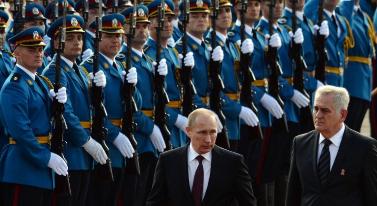 Serbian President Tomislav Nikolic, right, and Russian President Vladimir Putin review honor guard during a welcome ceremony in Belgrade, Serbia, Thursday, Oct. 16, 2014. Putin arrived in Serbia on Thursday for talks that are expected to focus on economic issues and energy, including construction of the South Stream gas pipeline that has been opposed by the European Union. (AP Photo/Vasily Maximov, Pool)