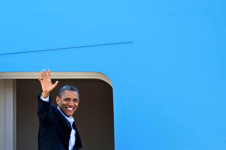 President Barack Obama waves as he boards Air Force One, for a flight to Ohio, Thursday, July 5, 2012, at Andrews Air Force Base, Md. (AP Photo/Cliff Owen)