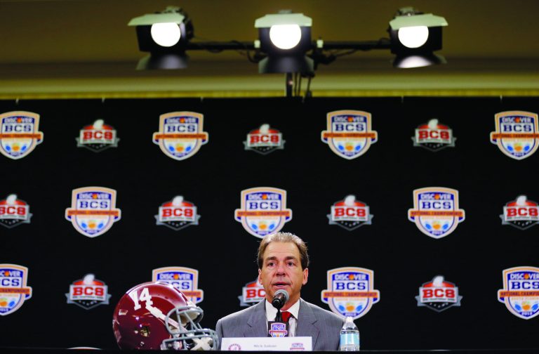 Alabama head coach Nick Saban speaks during a news conference for the BCS National Championship college football game Sunday, Jan. 6, 2013, in Miami. (AP Photo/David J. Phillip)