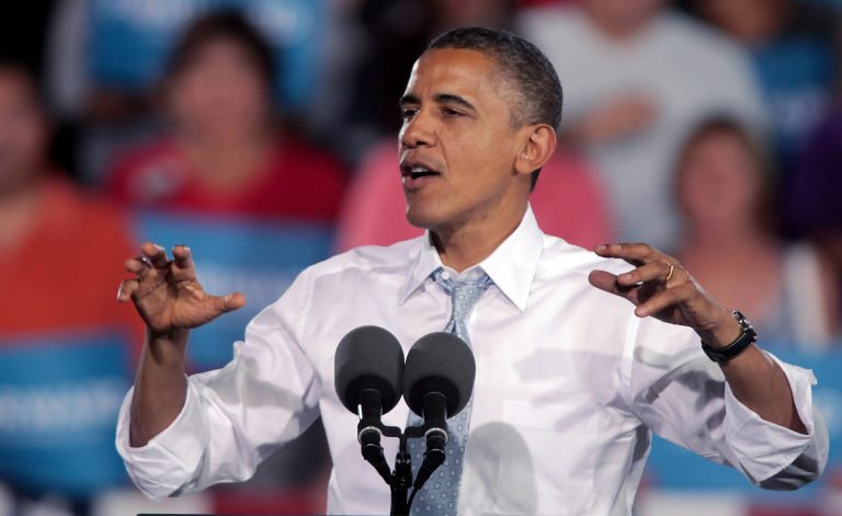 LAS VEGAS, NV - SEPTEMBER 30:  U.S. President Barack Obama speaks at a campaign rally at Desert Pines High School on September 30, 2012 in Las Vegas, Nevada. Obama is scheduled to be in Henderson, Nevada through Wednesday preparing for his first presidential debate against Republican presidential candidate, former Massachusetts Gov. Mitt Romney  (Photo by John Gurzinski/Getty Images)