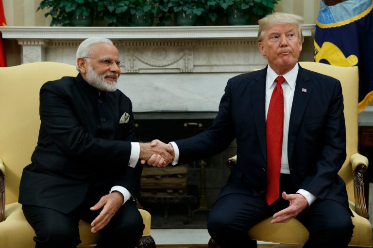 President Trump shakes hands with Indian Prime Minister Narendra Modi during their meeting in the Oval Office of the White House in Washington on Monday. Trump vowed to pursue 